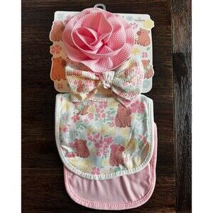 Ava Olivia Baby Girl Bib and Headband 4 PC Set Pink Rose and Floral Bow NEW
